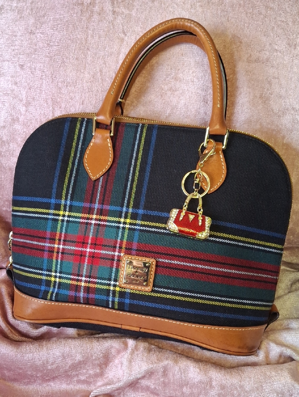 Dooney & Bourke Vintage Black Multicolor Tartan Satchel with Tan Trim
